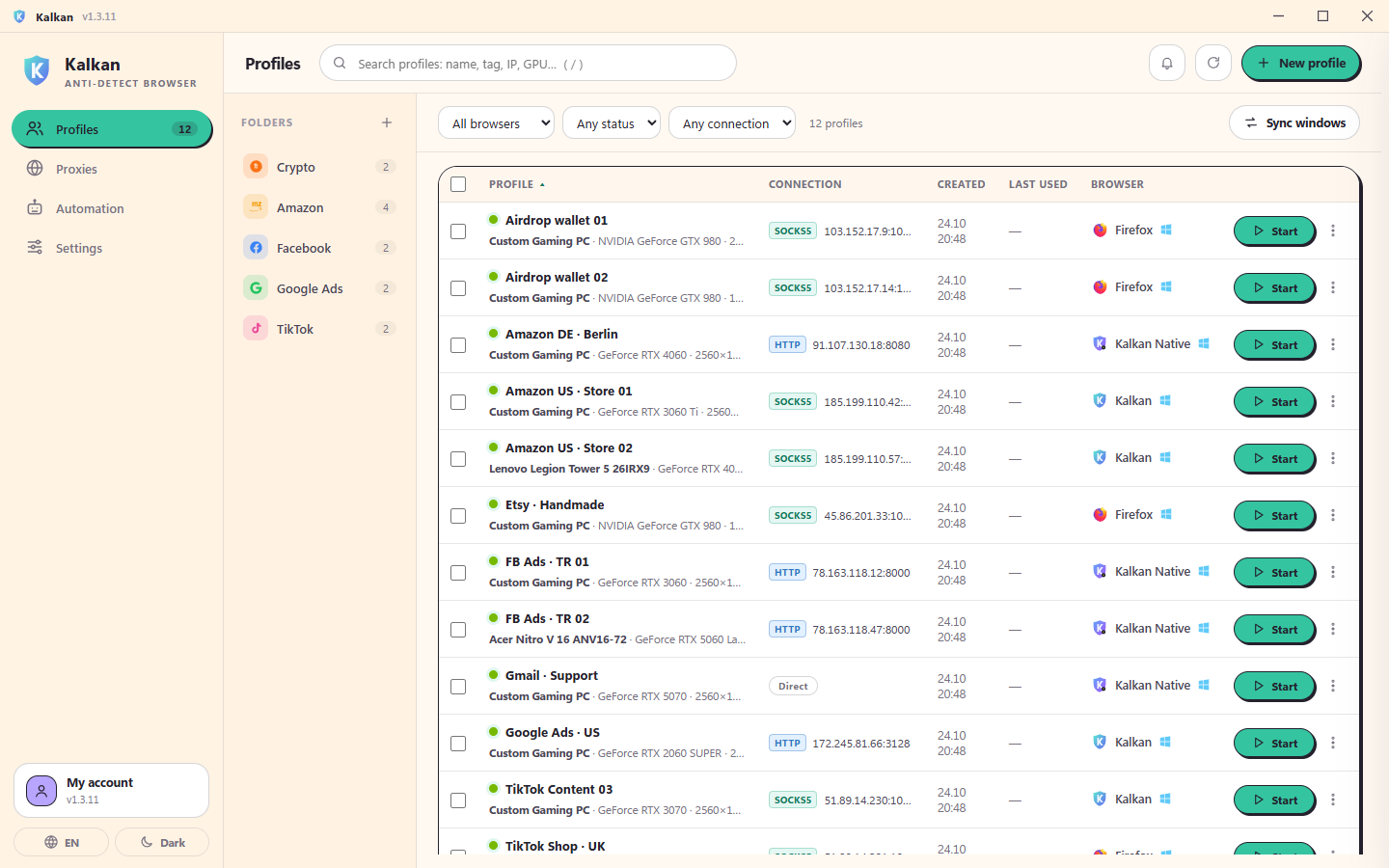 Kalkan profile list with folders, proxy country, engine and one-click start
