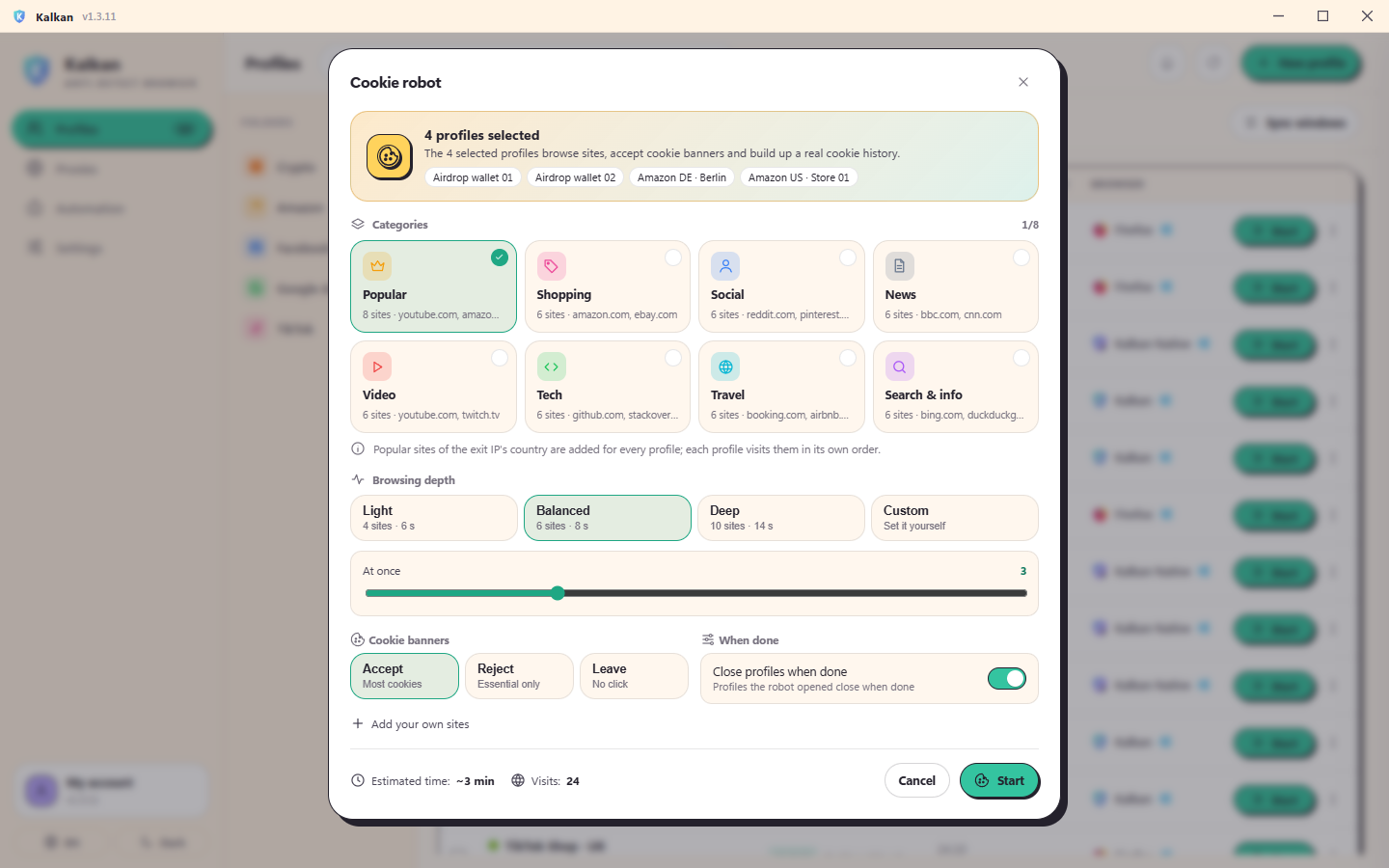 Kalkan cookie robot: categories, browsing depth and live progress