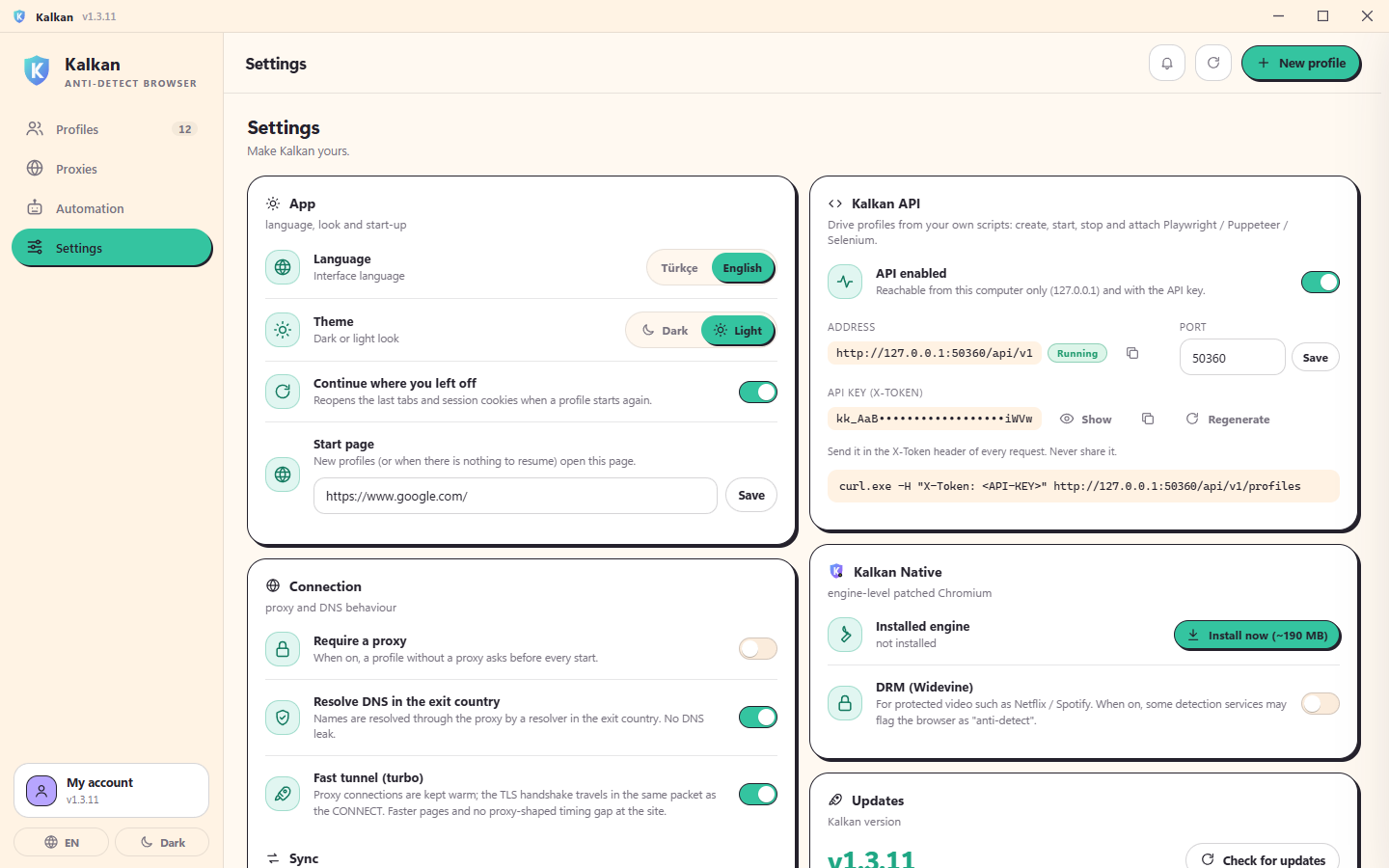 Kalkan settings: API, turbo proxy tunnel and sync